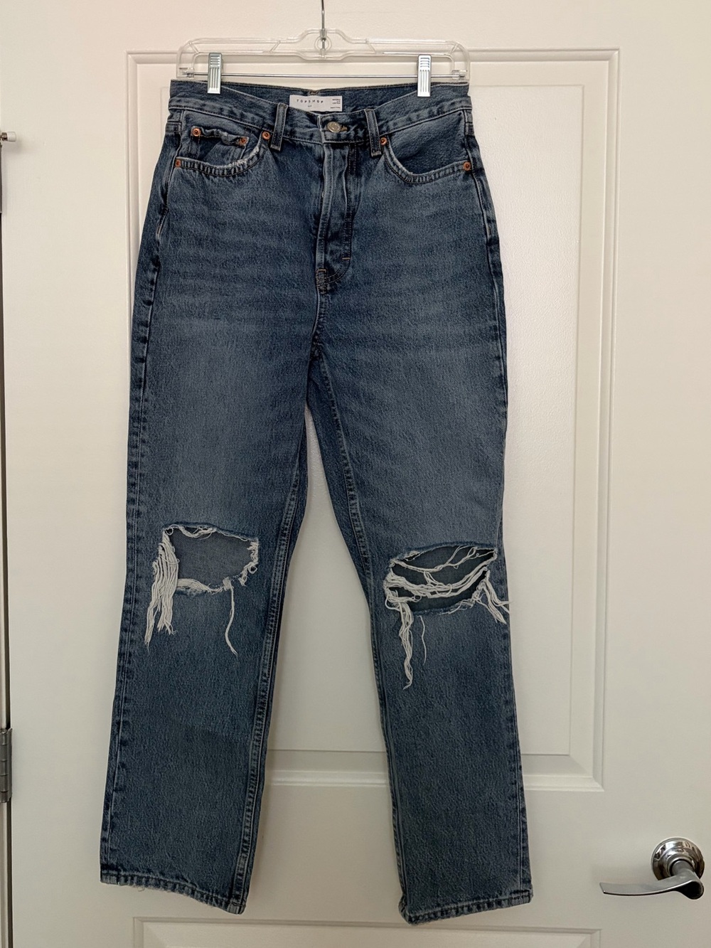 Topshop Women's Blue Straight-Leg Distressed Jeans